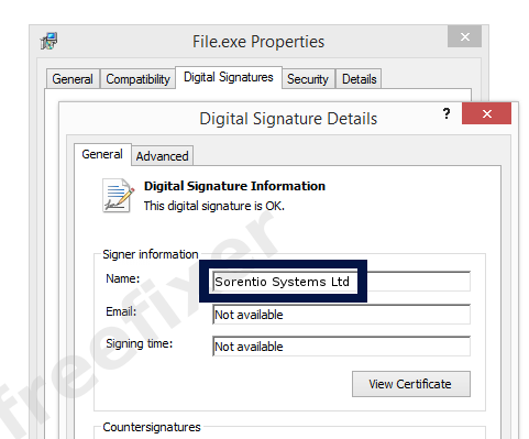 Screenshot of the Sorentio Systems Ltd certificate